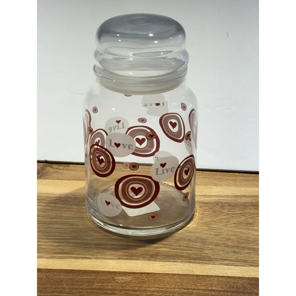 Libbey‎ Glass Valentines Day Glass Candy Jar Live Love Laugh